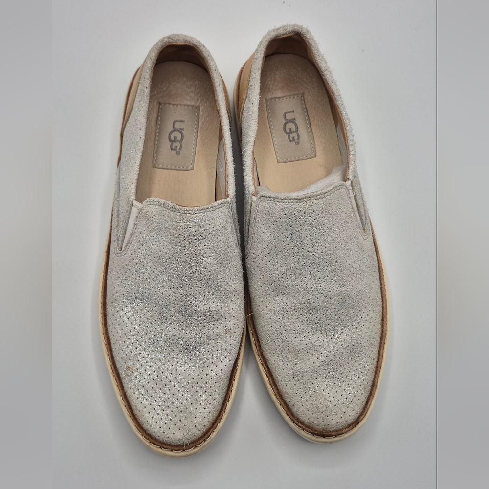 UGG Women Perforated Slip-On Suede Loafers in Light Gray and Tan Sole